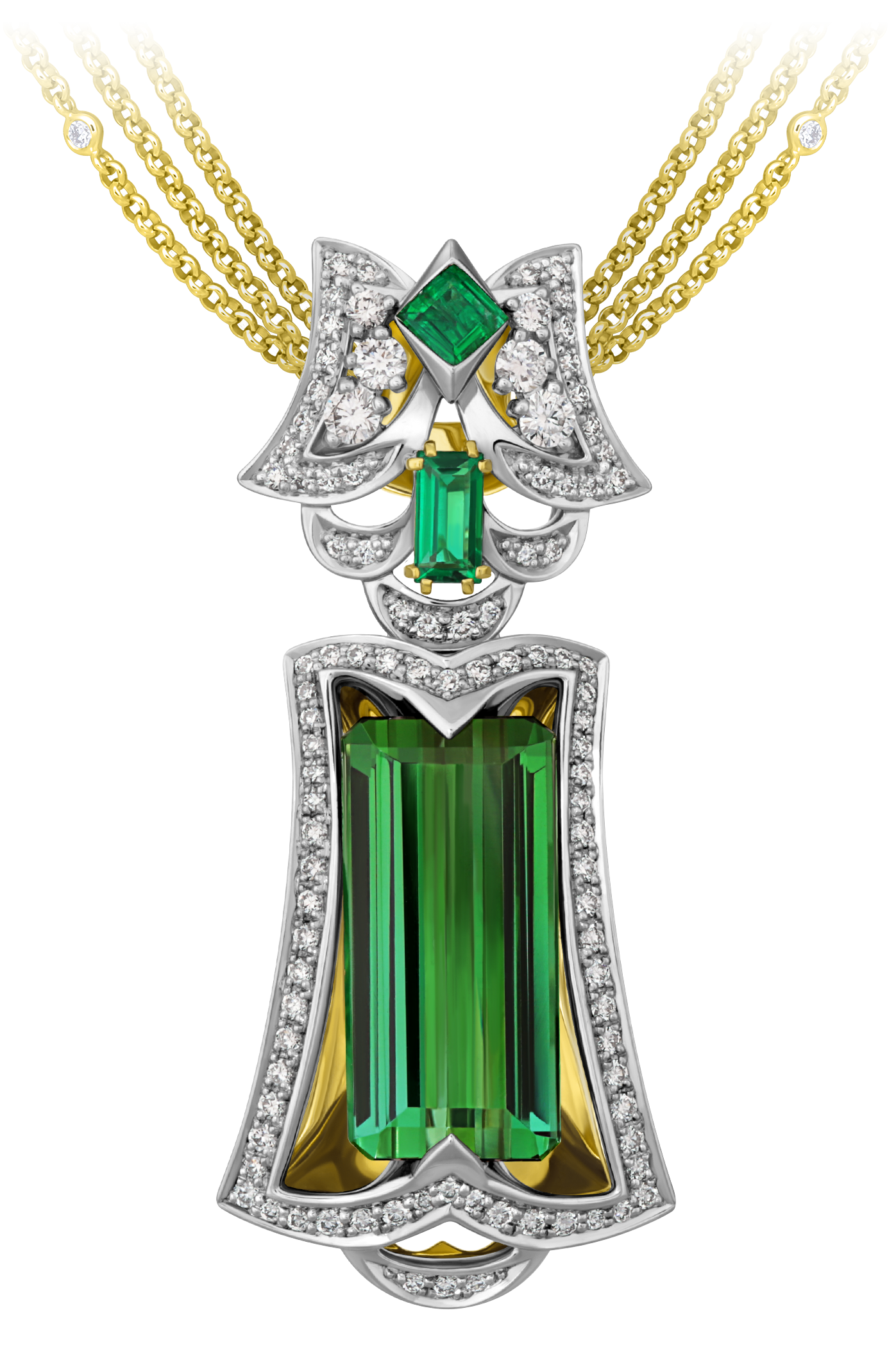 Подвес с турмалином, бриллиантами и изумрудами, жёлтое и белое золото