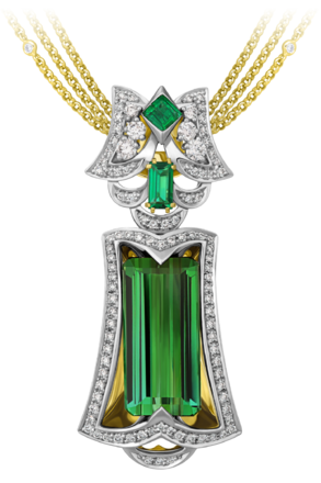 Подвес с турмалином, бриллиантами и изумрудами, жёлтое и белое золото