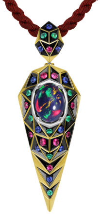 Подвес с опалом, изумрудами, сапфирами и рубинами, жёлтое и белое золото