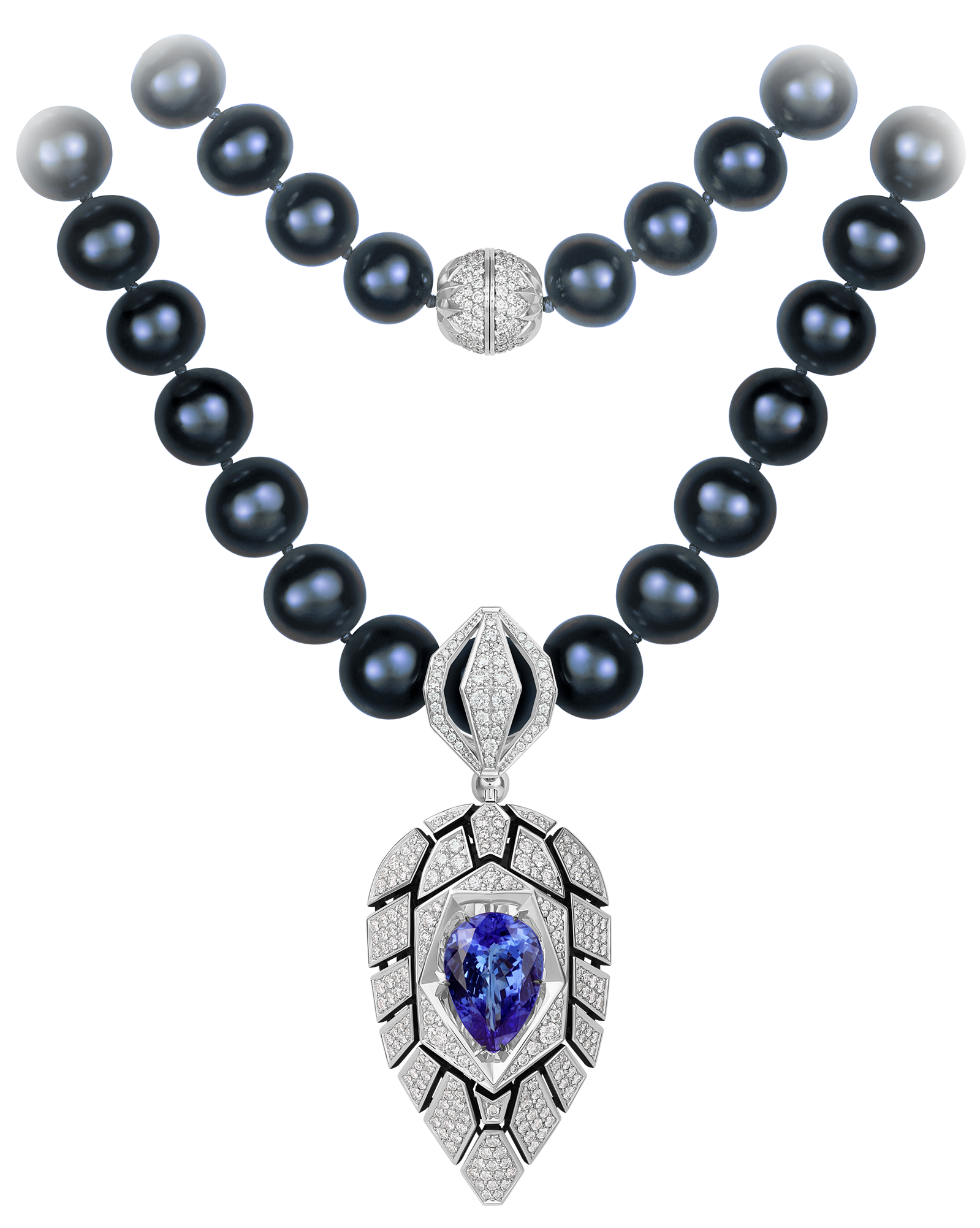 Колье с танзанитом, бриллиантами и жемчугом, белое золото