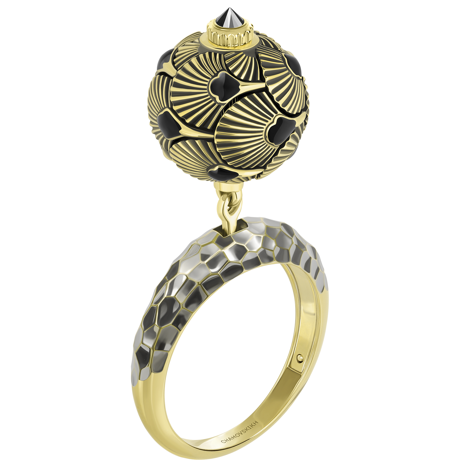 Кольцо с черным бриллиантом, желтое золото, н.керамика