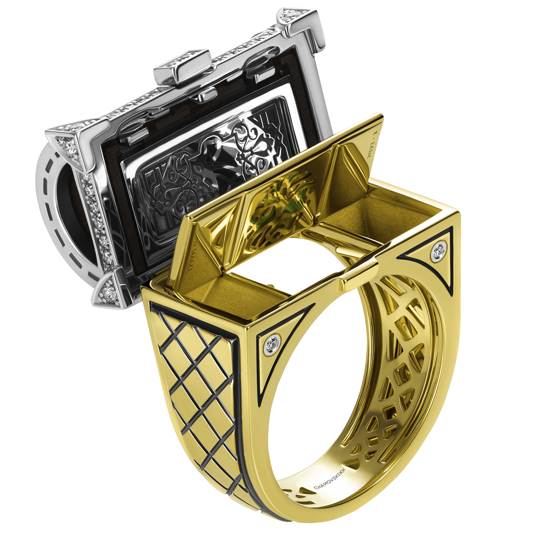 Кольцо с изумрудом и бриллиантами, жёлтое и белое золото, эбеновое дерево