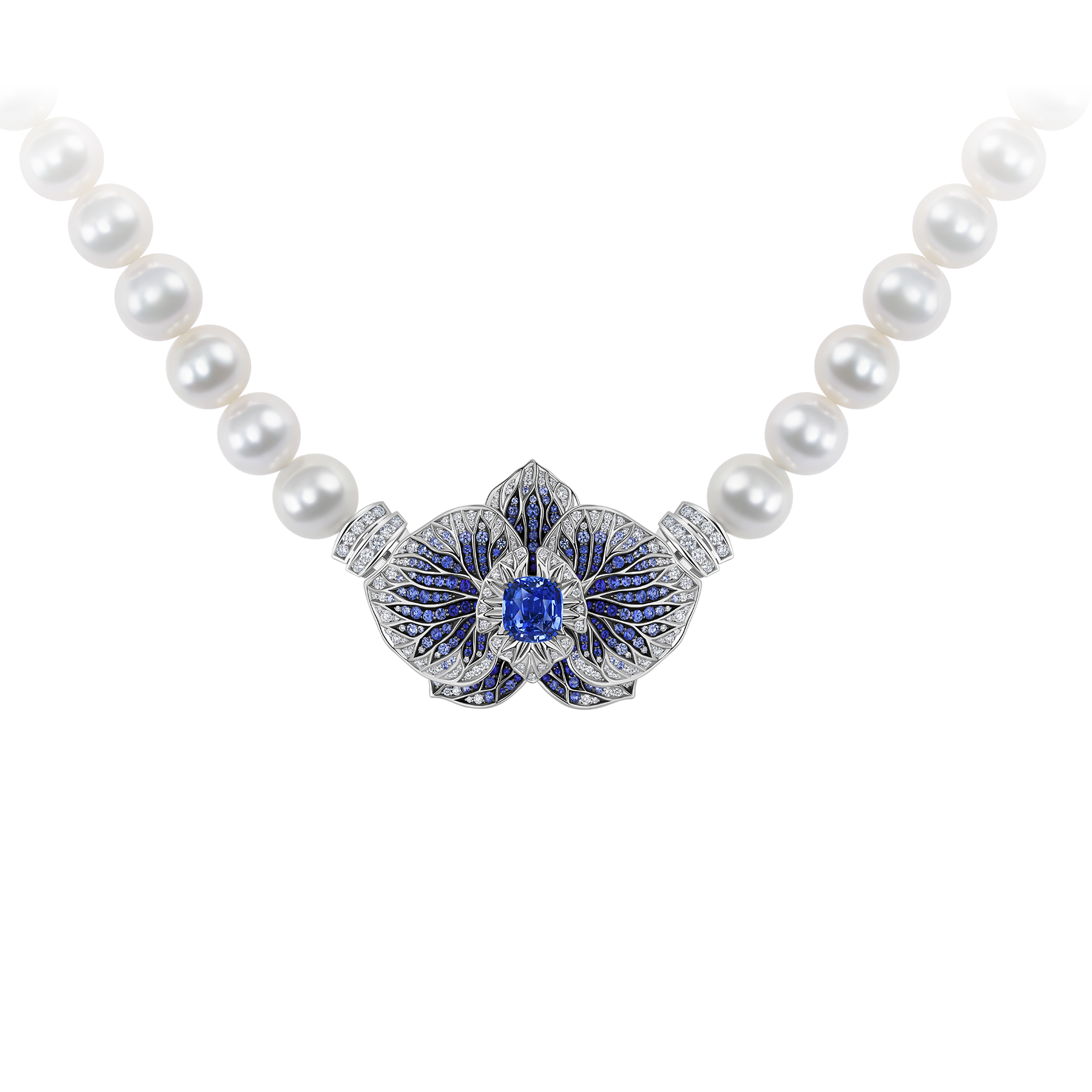 Колье с сапфирами, бриллиантами и жемчугом, белое золото