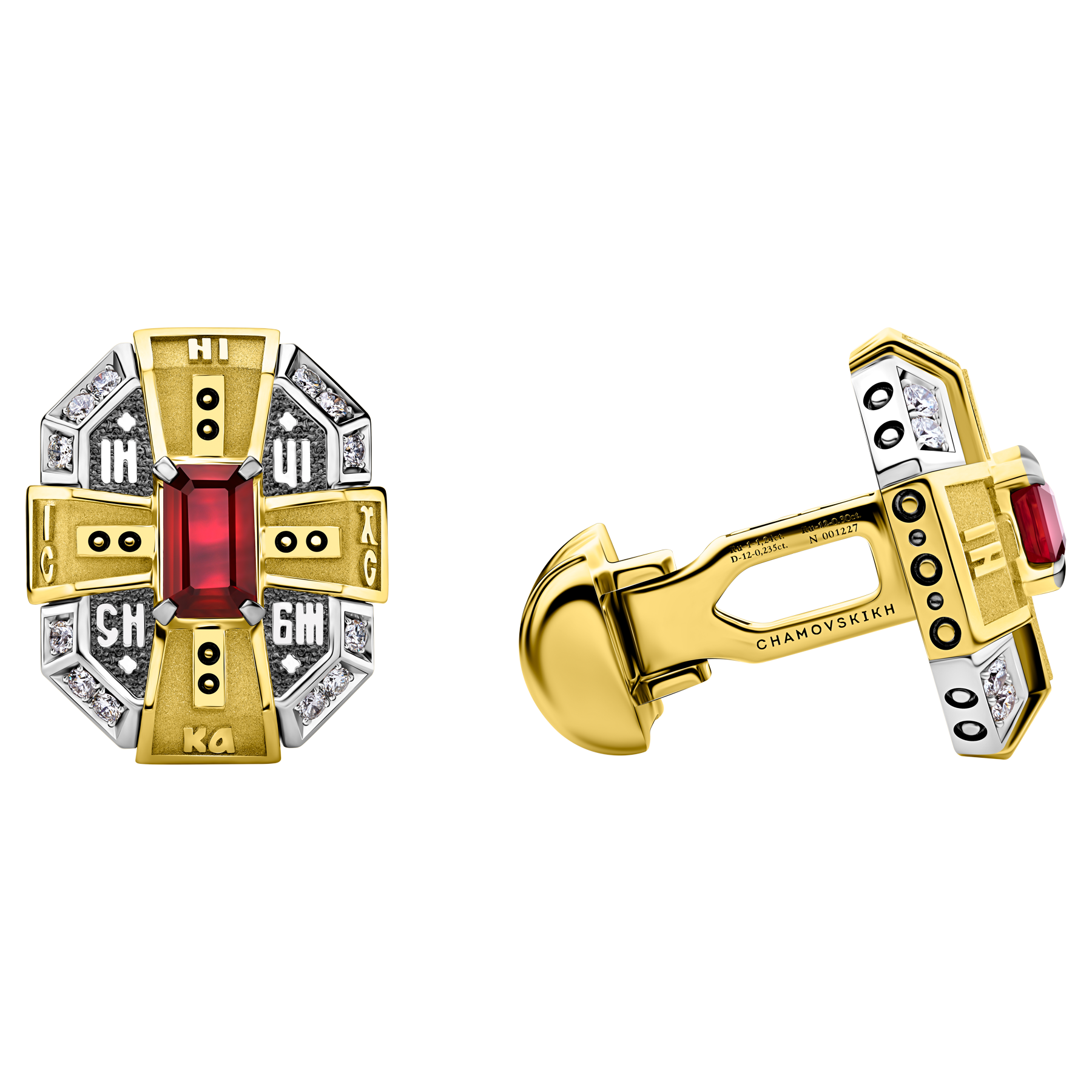 Запонки с рубином и бриллиантами, жёлтое и белое золото