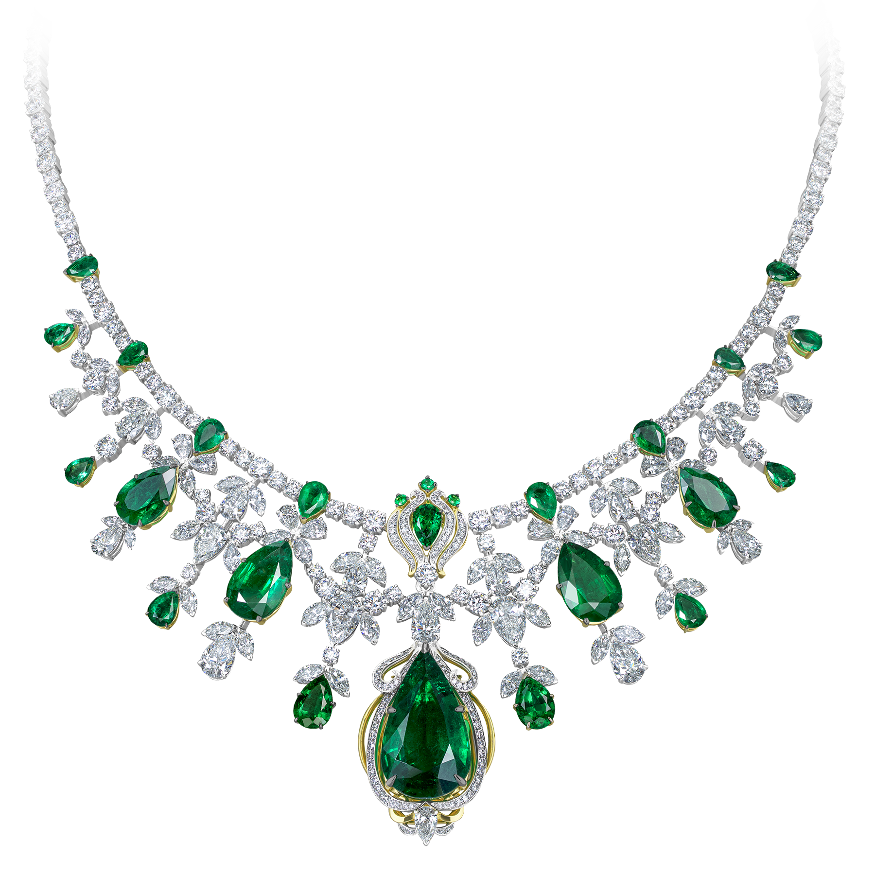 Колье с изумрудом и бриллиантами, белое золото