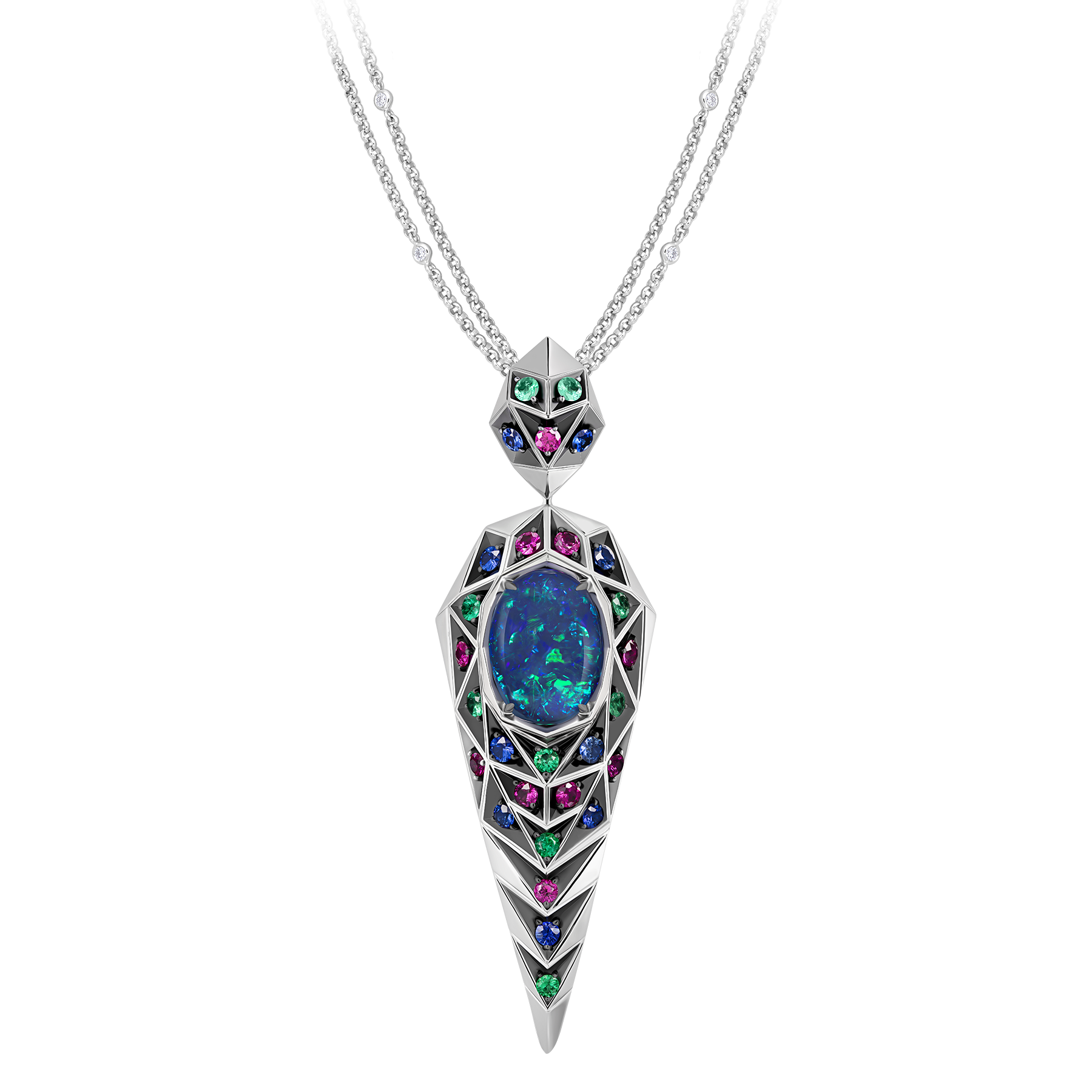 Подвес с опалом, изумрудами, сапфирами и рубинами, белое золото