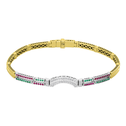 Браслет с бриллиантами, рубинами и изумрудами, жёлтое и белое золото