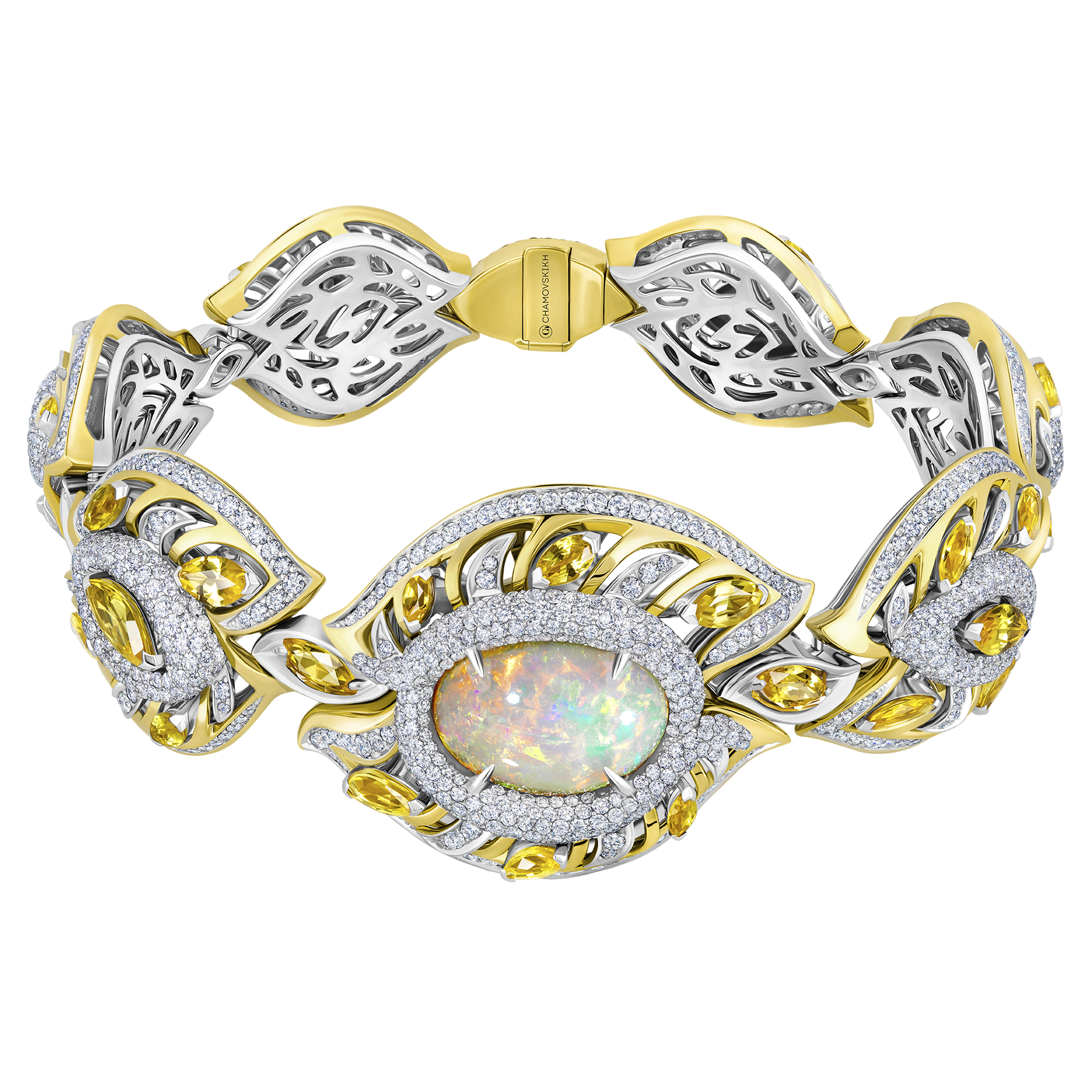 Браслет с опалом, бриллиантами и сапфирами, желтое и белое золото, н.керамика