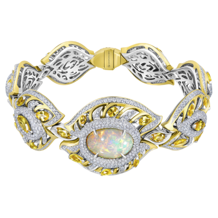 Браслет с опалом, бриллиантами и сапфирами, желтое и белое золото, н.керамика