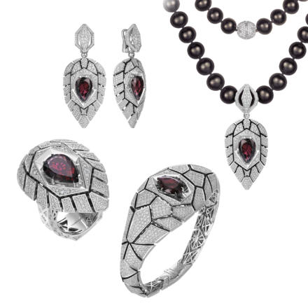 Сет с рубеллитами, бриллиантами и жемчугом, белое золото