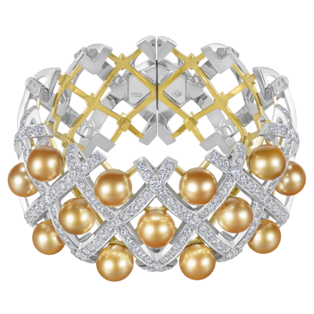 Браслет с бриллиантами и с жемчугом, жёлтое и белое золото