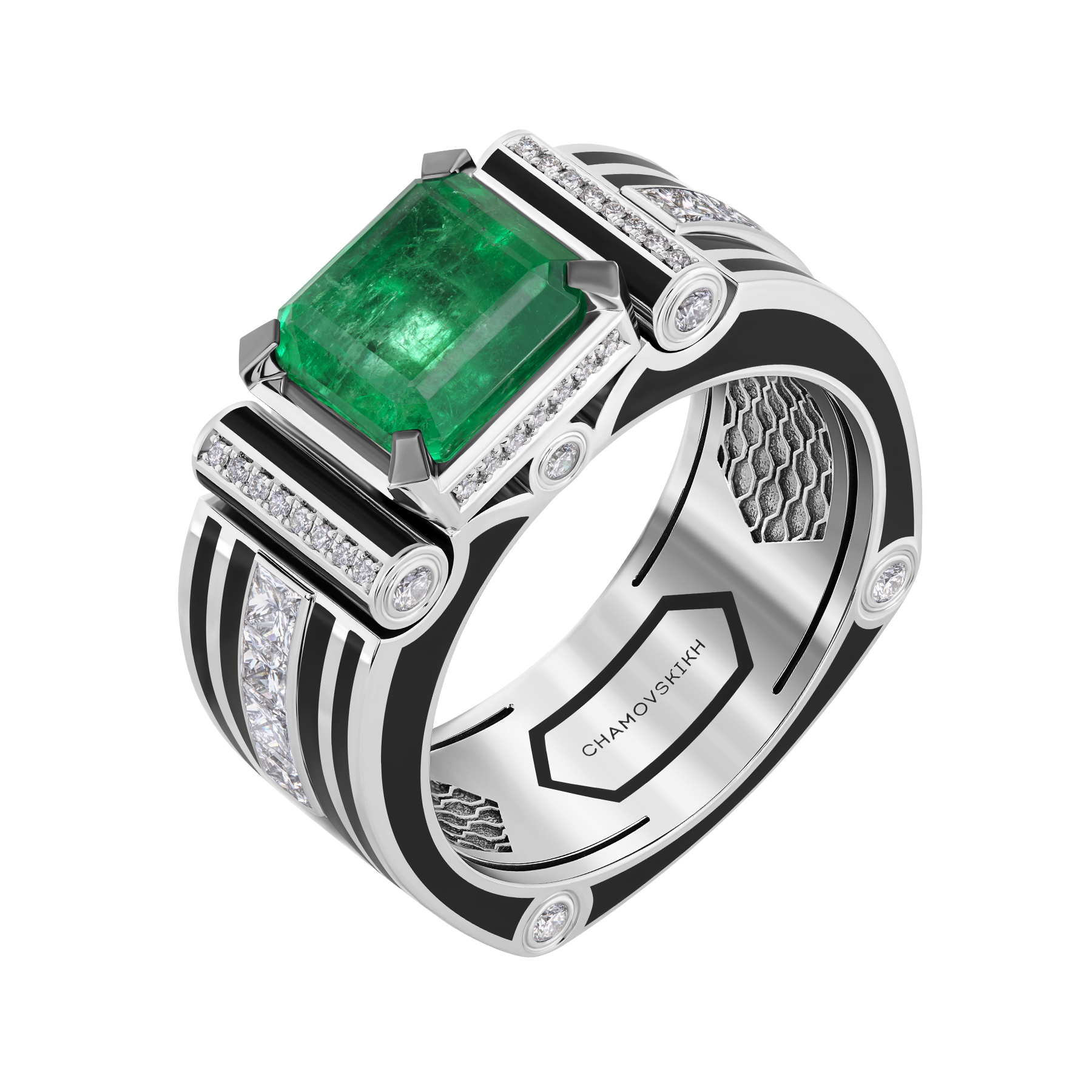 Кольцо с изумрудом и бриллиантами, белое золото, н.керамика