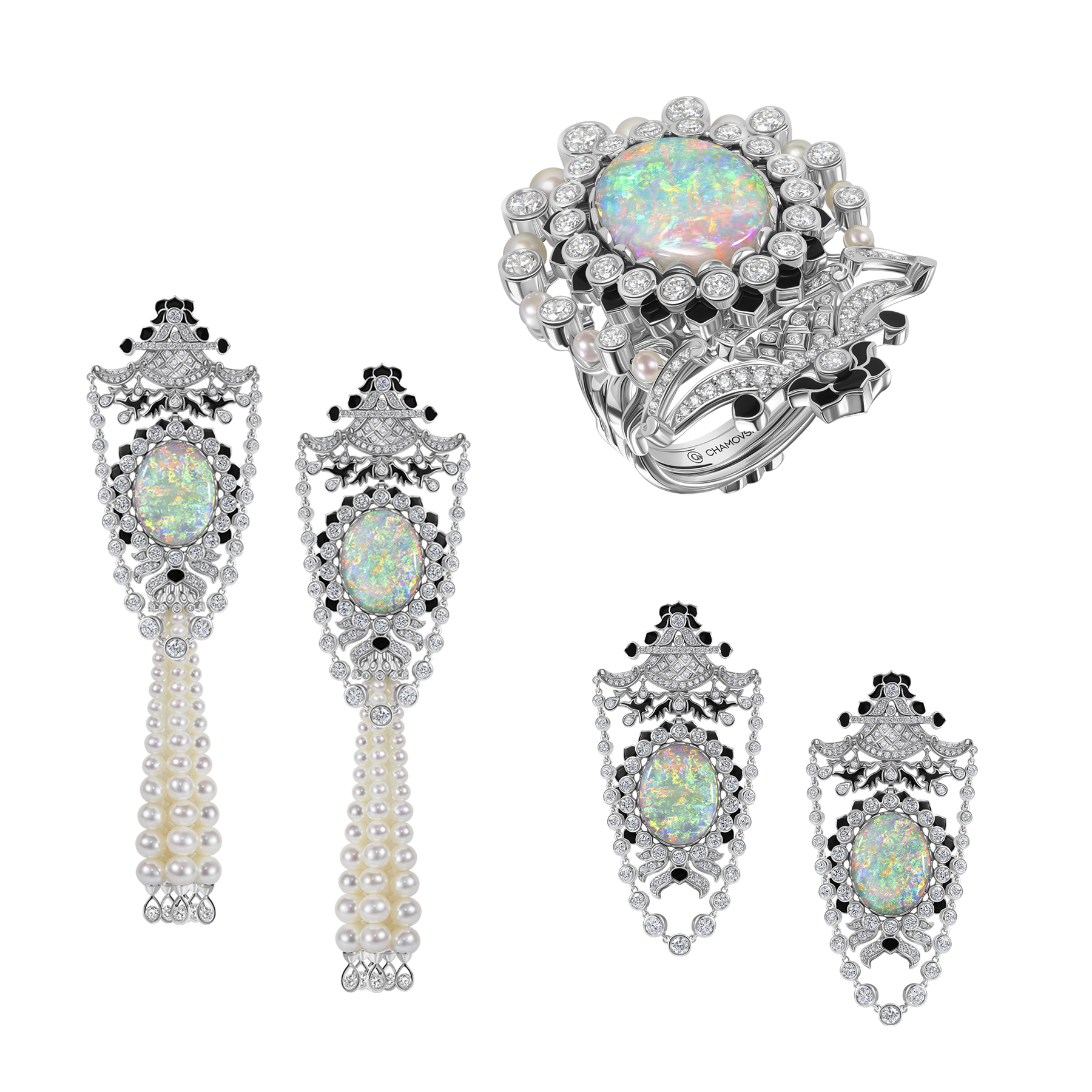 Сет с опалами, бриллиантами и жемчугом, белое золото, н.керамика