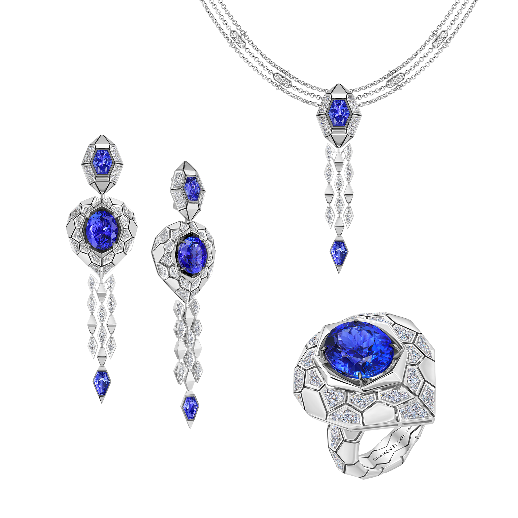Сет с танзанитами и бриллиантами, белое золото, н.керамика