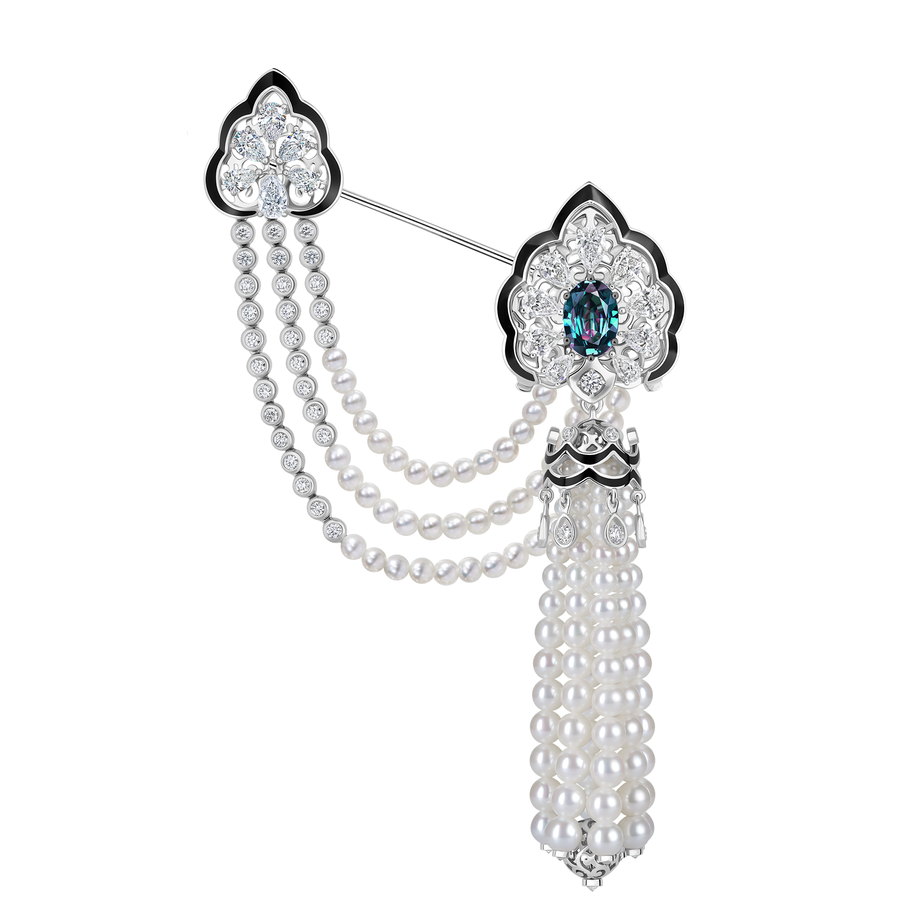 Сет с александритом, бриллиантами и жемчугом, белое золото, н.керамика