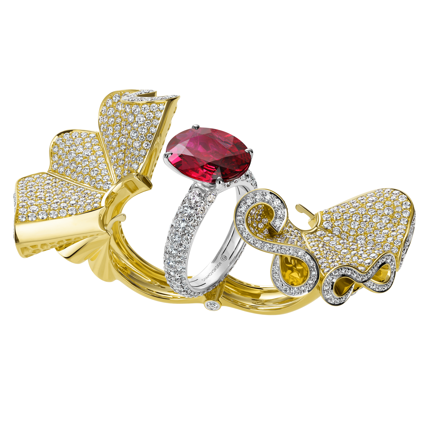 Кольцо с рубином и бриллиантами, жёлтое и белое золото