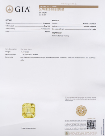 Жёлтый сапфир, SRI LANKA, UNHEATED, Октагон, 15,47ct 3