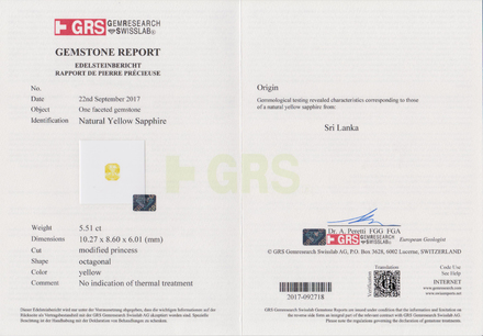 Сет из двух жёлтых сапфиров, SRI LANKA, UNHEATED, Октагон, 5,51ct/ 5,05ct 3