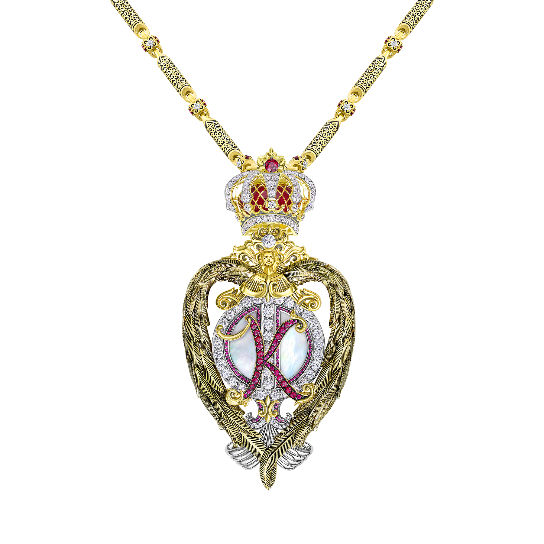 Подвес - брошь с цепью, бриллианты, рубины, перламутр, жёлтое и белое золото, н.керамика