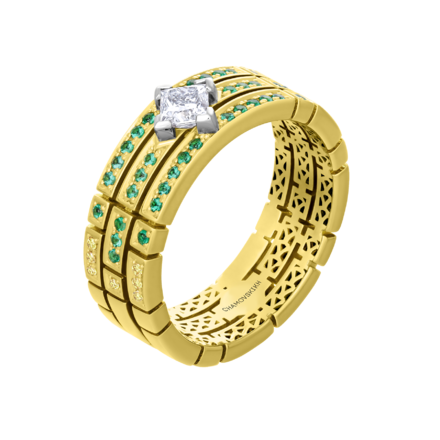 Кольцо с бриллиантами и изумрудами, жёлтое золото