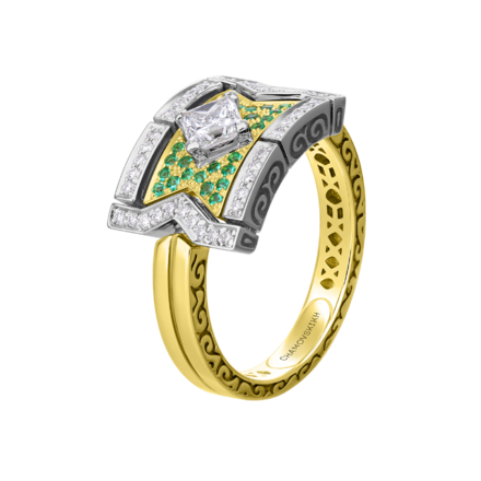 Кольцо с бриллиантами и изумрудами, жёлтое золото