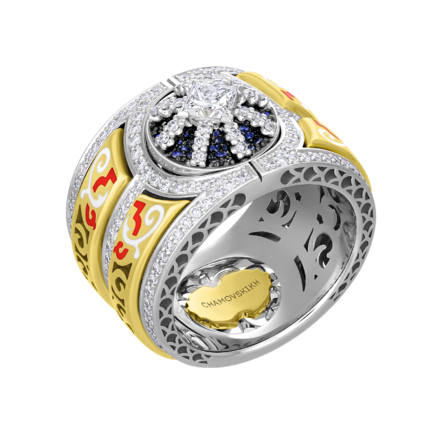 Кольцо с бриллиантами и сапфирами, жёлтое и белое золото, н.керамика