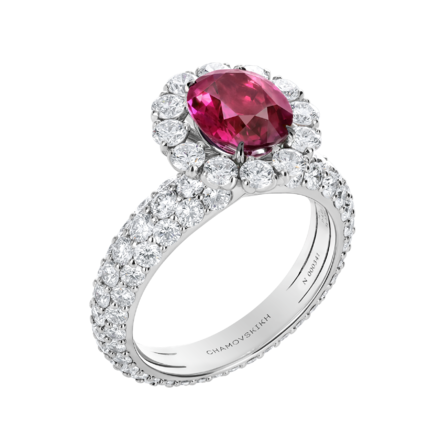 Кольцо с рубеллитом, бриллиантами, розовыми сапфирами и рубинами, белое золото 3