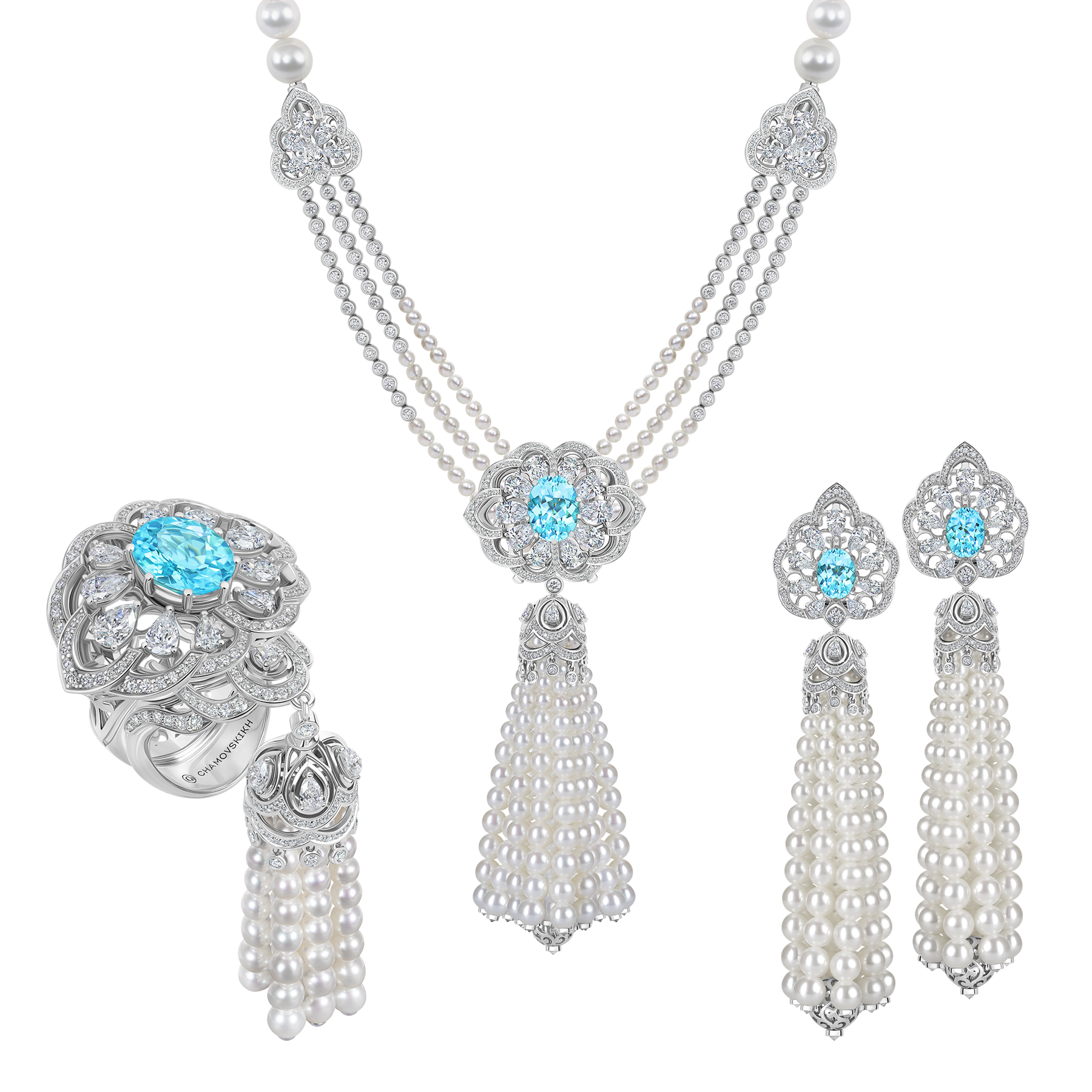 Сет с турмалинами параиба, бриллиантами и жемчугом, белое золото