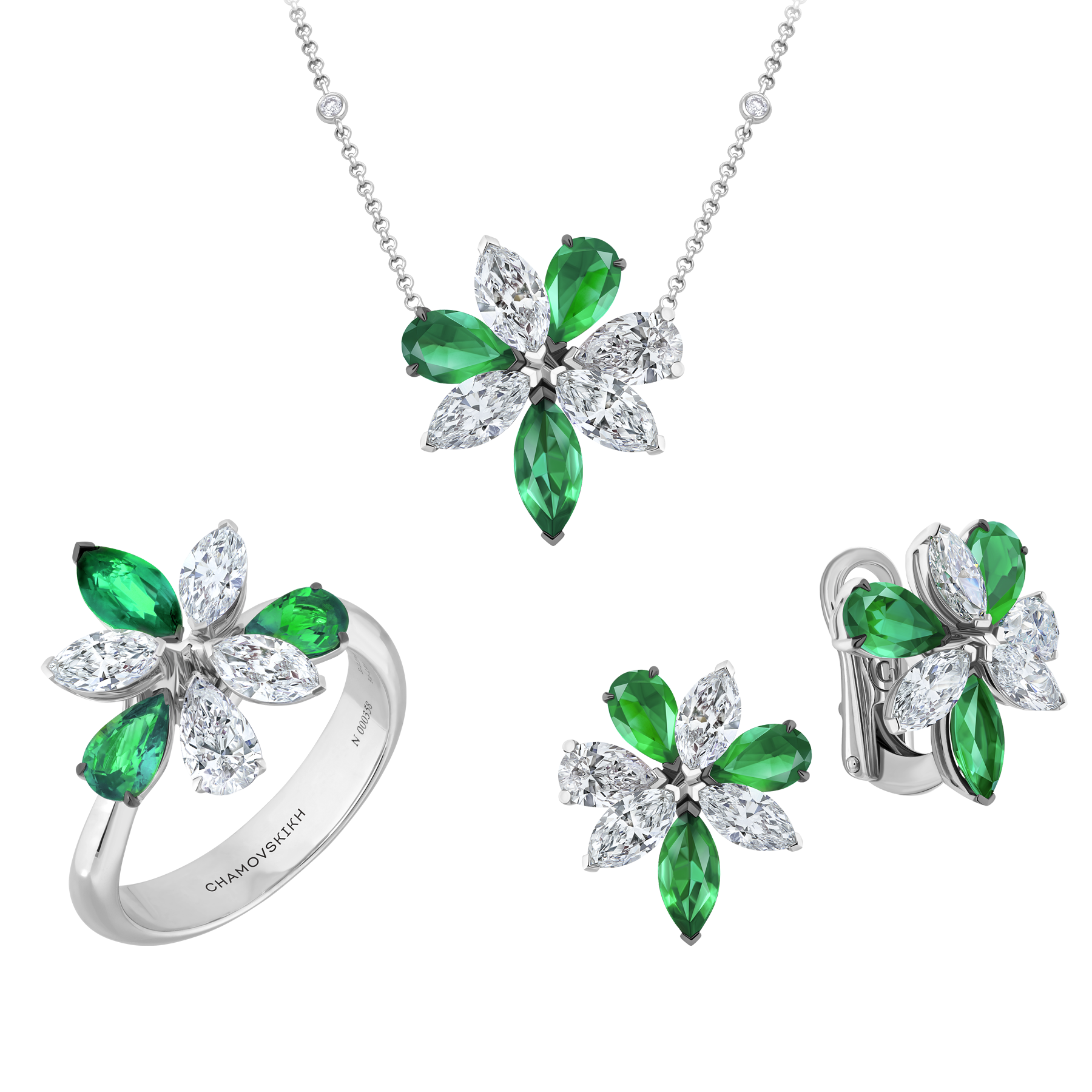 Сет с изумрудами и бриллиантами, белое золото