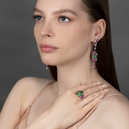 Серьги с верделитами, бриллиантами и рубинами, белое золото 5