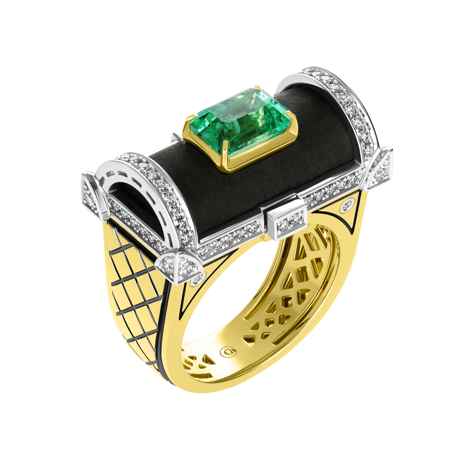 Кольцо с изумрудом и бриллиантами, жёлтое и белое золото, эбеновое дерево