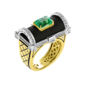 Кольцо с изумрудом и бриллиантами, жёлтое и белое золото, эбеновое дерево