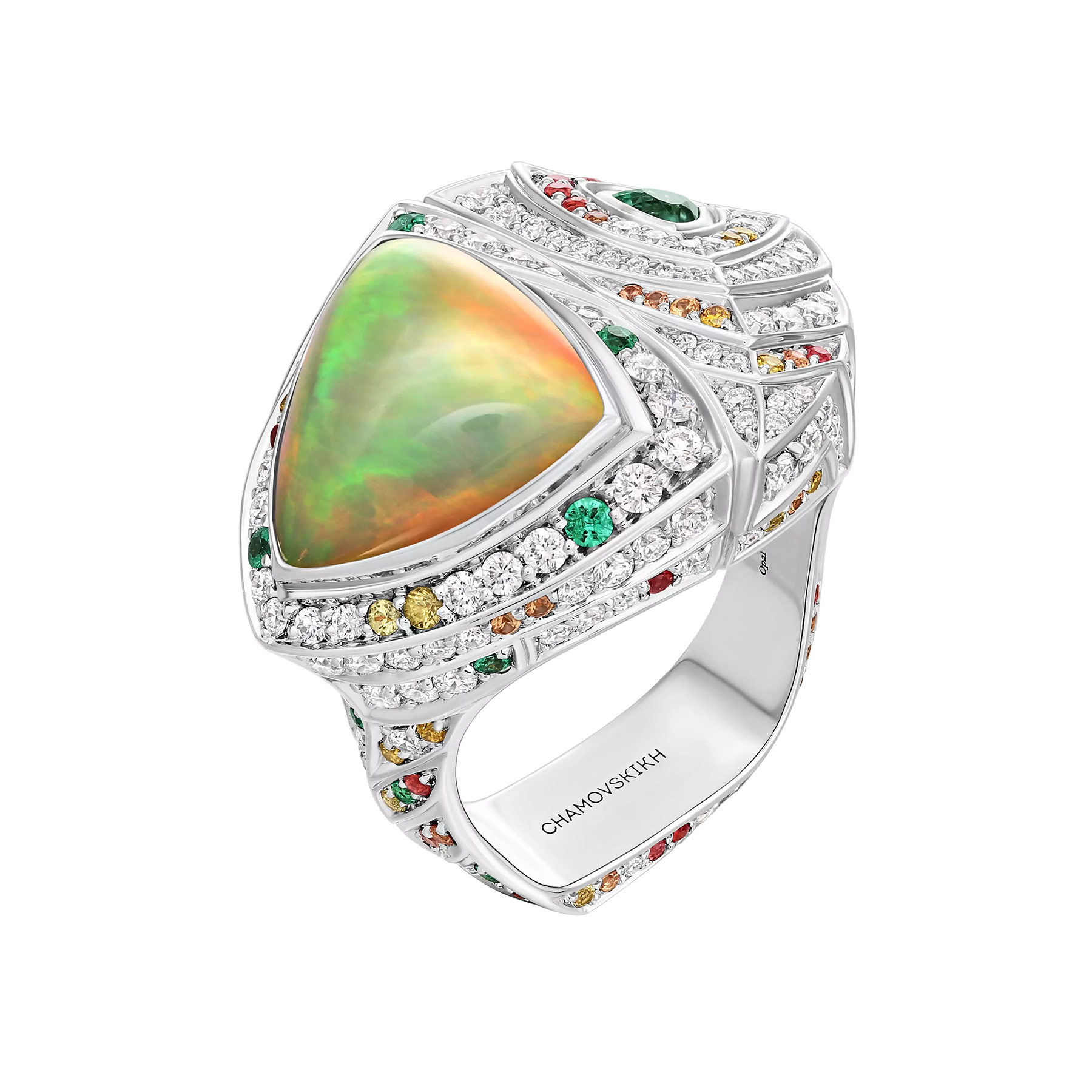 Кольцо с опалом, бриллиантами, изумрудами и сапфирами, белое золото