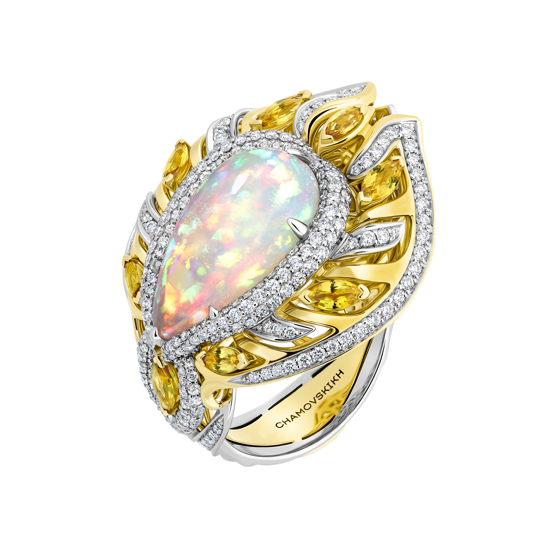 Кольцо с опалом, бриллиантами и жёлтыми сапфирами, жёлтое и белое золото