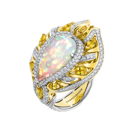 Кольцо с опалом, бриллиантами и жёлтыми сапфирами, жёлтое и белое золото