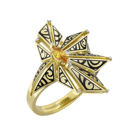 Кольцо с желтым сапфиром и бриллиантами, желтое золото, н.керамика