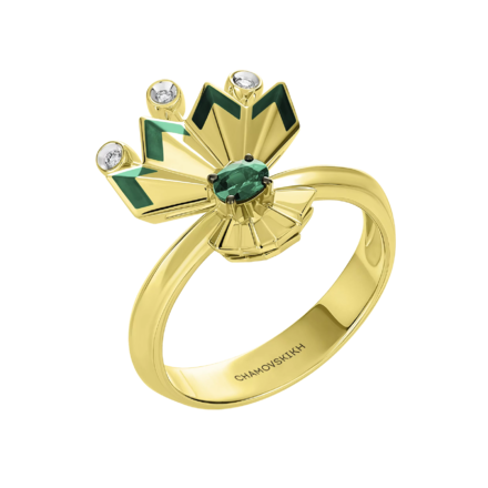 Кольцо с изумрудом и бриллиантами, желтое золото, н.керамика
