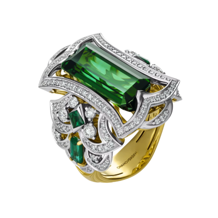 Кольцо с турмалином, изумрудами и бриллиантами, жёлтое и белое золото