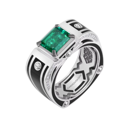 Кольцо с изумрудом и бриллиантами, белое золото, н. керамика