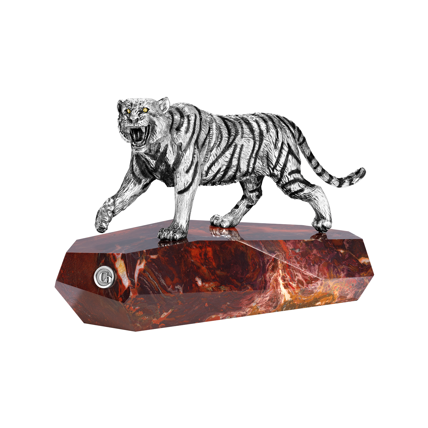 Настольная скульптура тигр, бриллиант, сапфир желтый, яшма, серебро