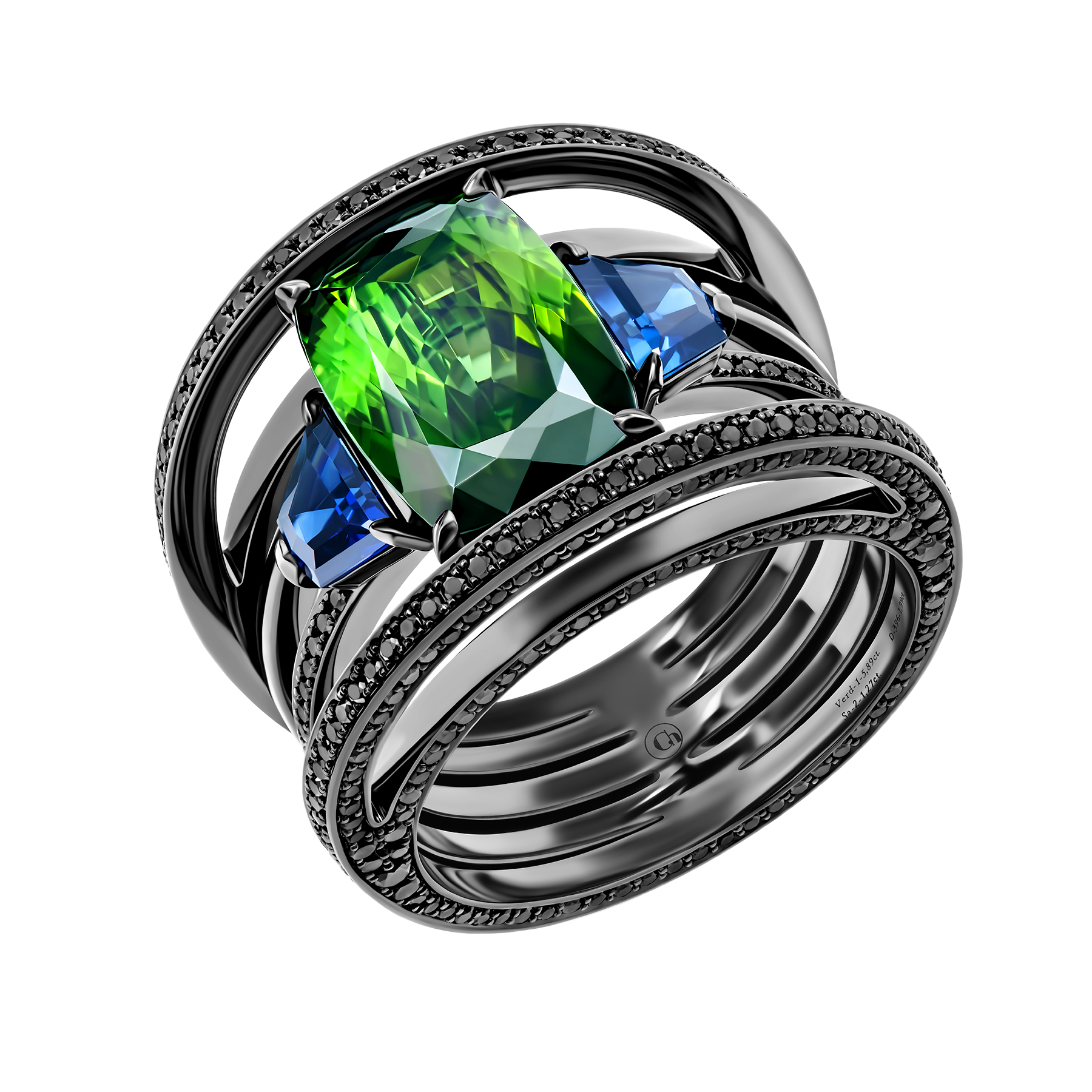 Кольцо с верделитом, сапфирами и черными бриллиантами