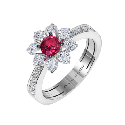 Кольцо с рубином и бриллиантами, белое золото