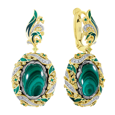 Серьги с малахитами, бриллиантами, сапфирами и изумрудами, н.керамика
