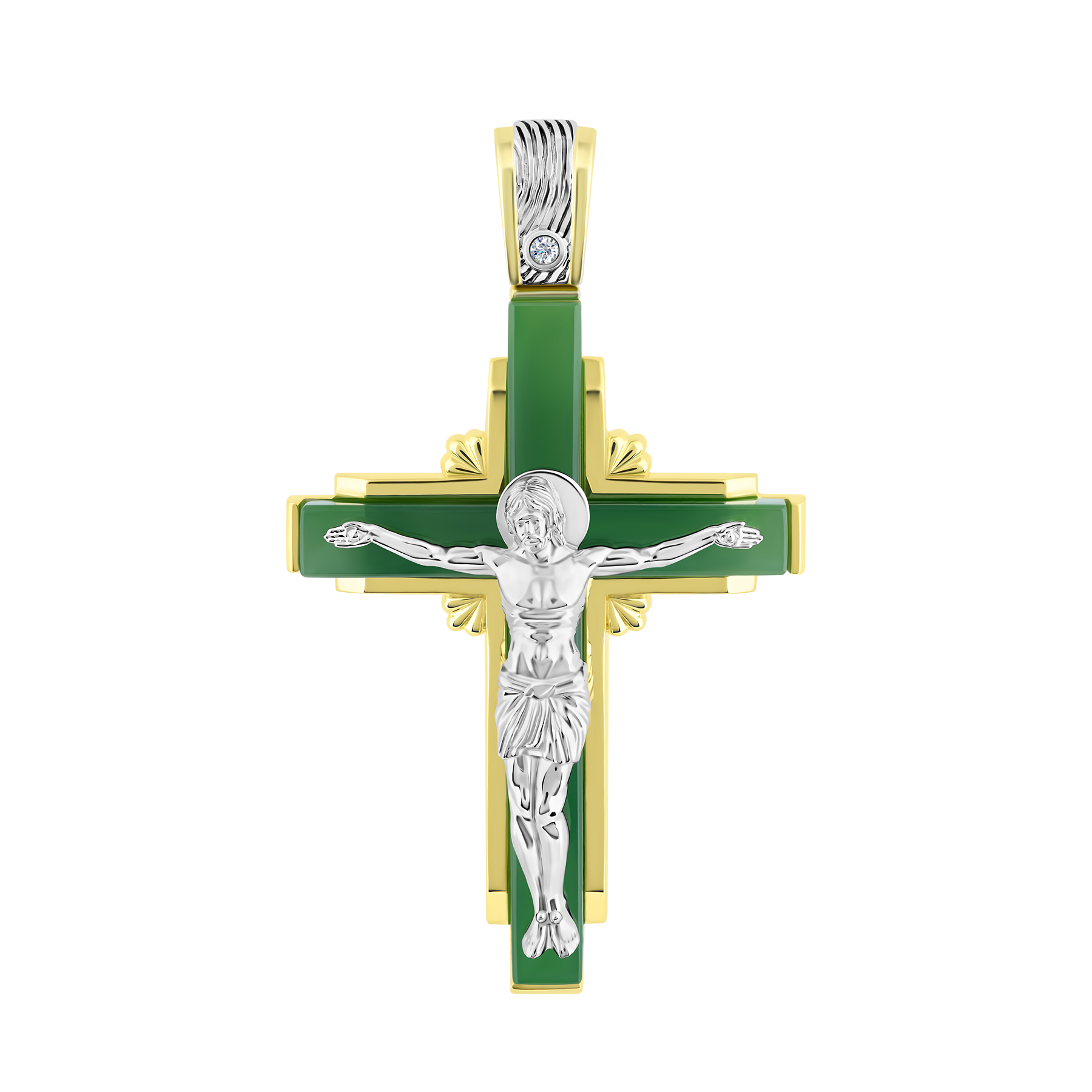 Подвес с бриллиантом и нефритом, белое и желтое золото