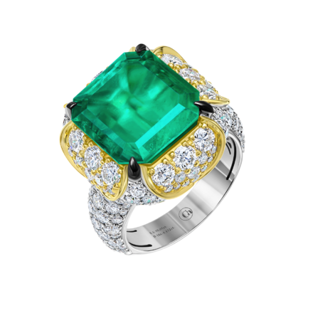 Кольцо с изумрудом и бриллиантами, белое и желтое золото