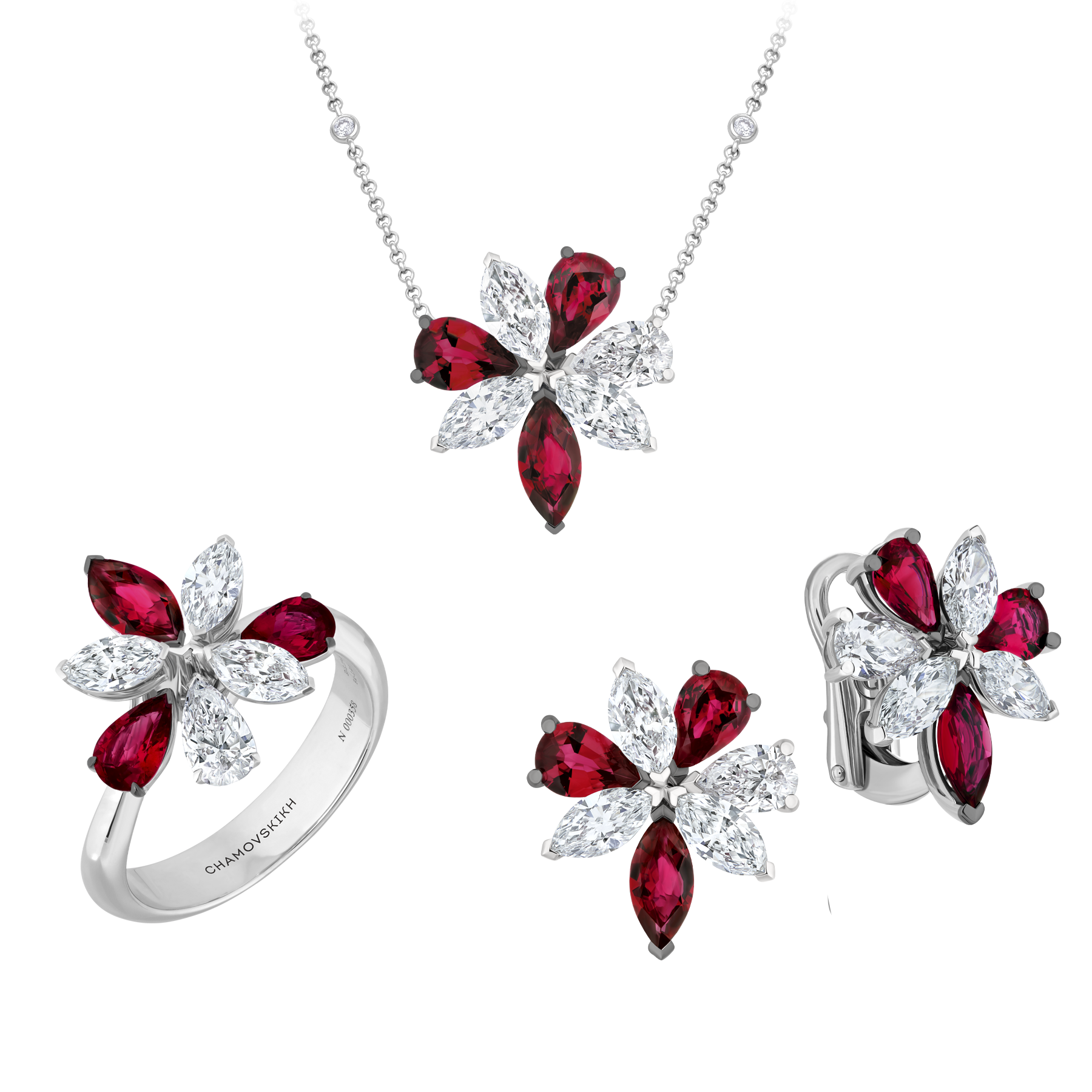 Сет с рубинами и бриллиантами, белое золото