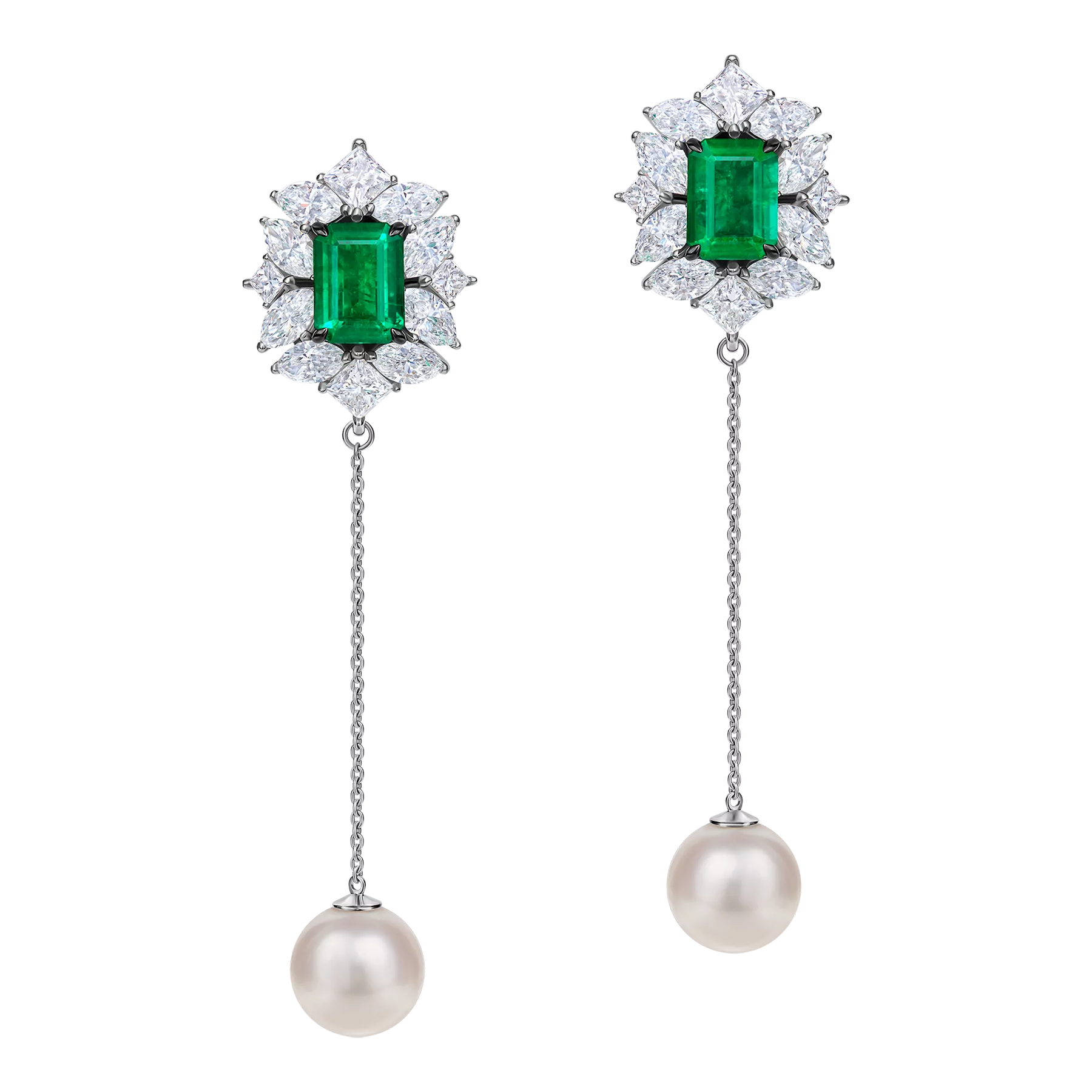 Серьги с изумрудами, бриллиантами и жемчугом, белое золото