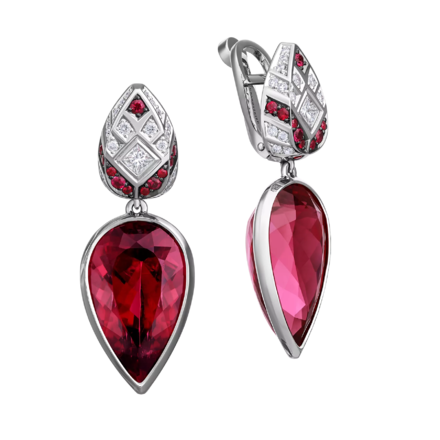 Серьги с турмалинами рубеллитами, бриллиантами и рубинами, белое золото