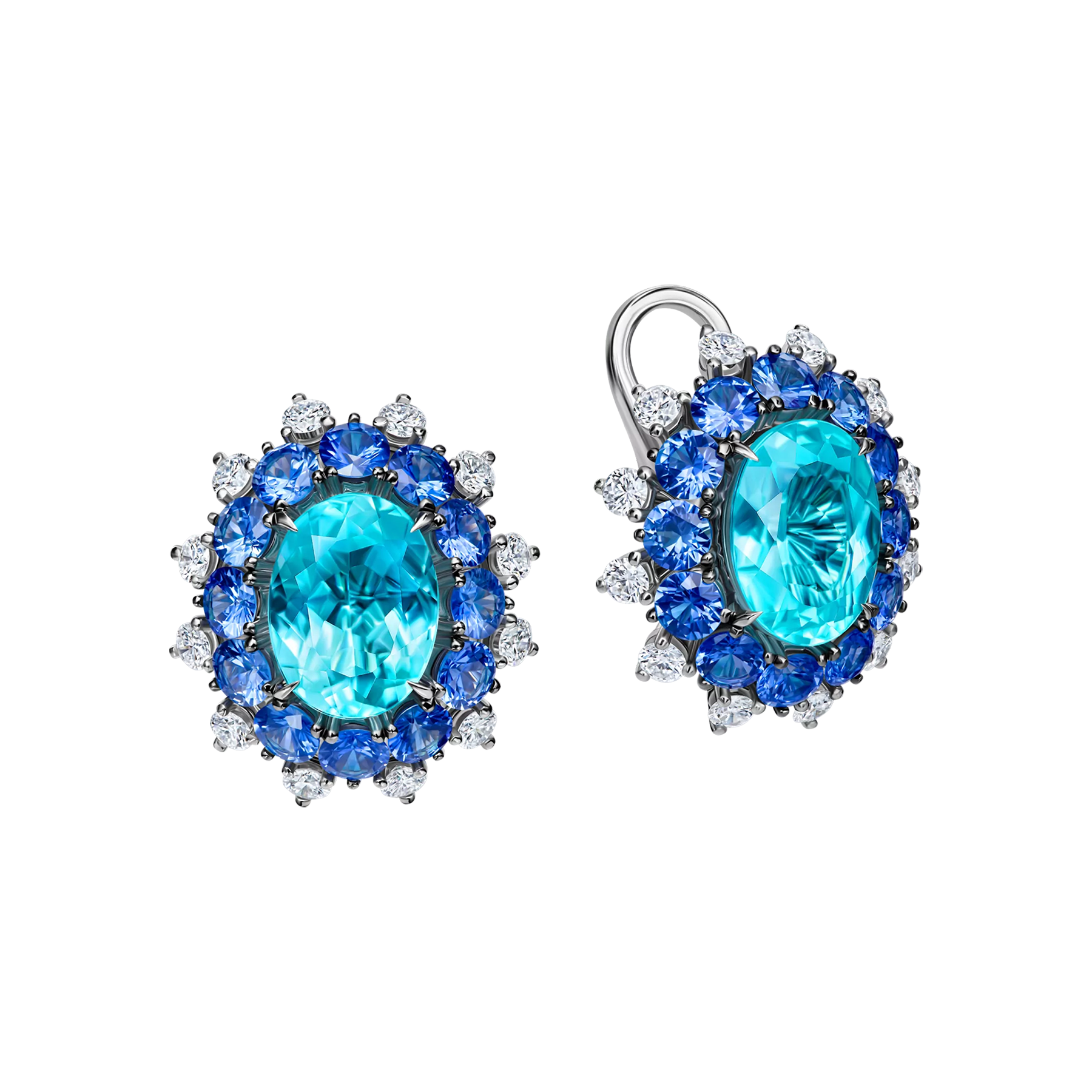 Серьги с турмалином параиба, бриллиантами и сапфирами, белое золото