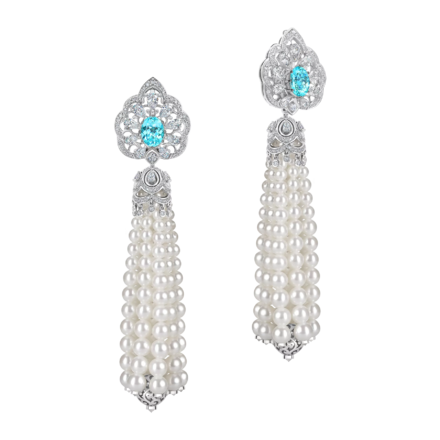 Серьги с турмалинами параиба, бриллиантами и жемчугом, белое золото